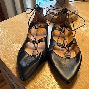 J Crew Black lace up pointed toe flats. Size 5